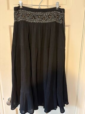 Fire Los Angeles Black Tiered Maxi Skirt with Embroidered Waist